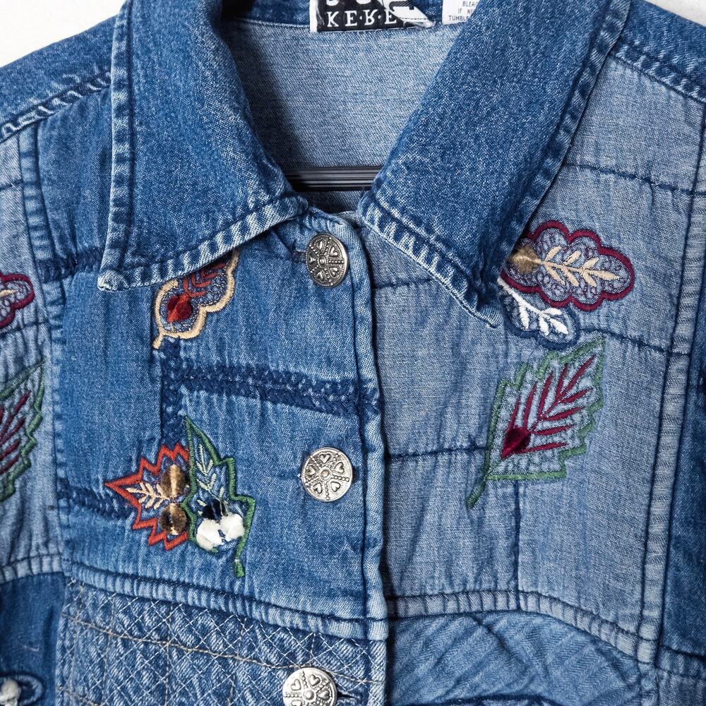 Keren Hart Blue Denim Jacket XL Embroidered Bird Patchwork Cottagecore - Picture 3 of 8
